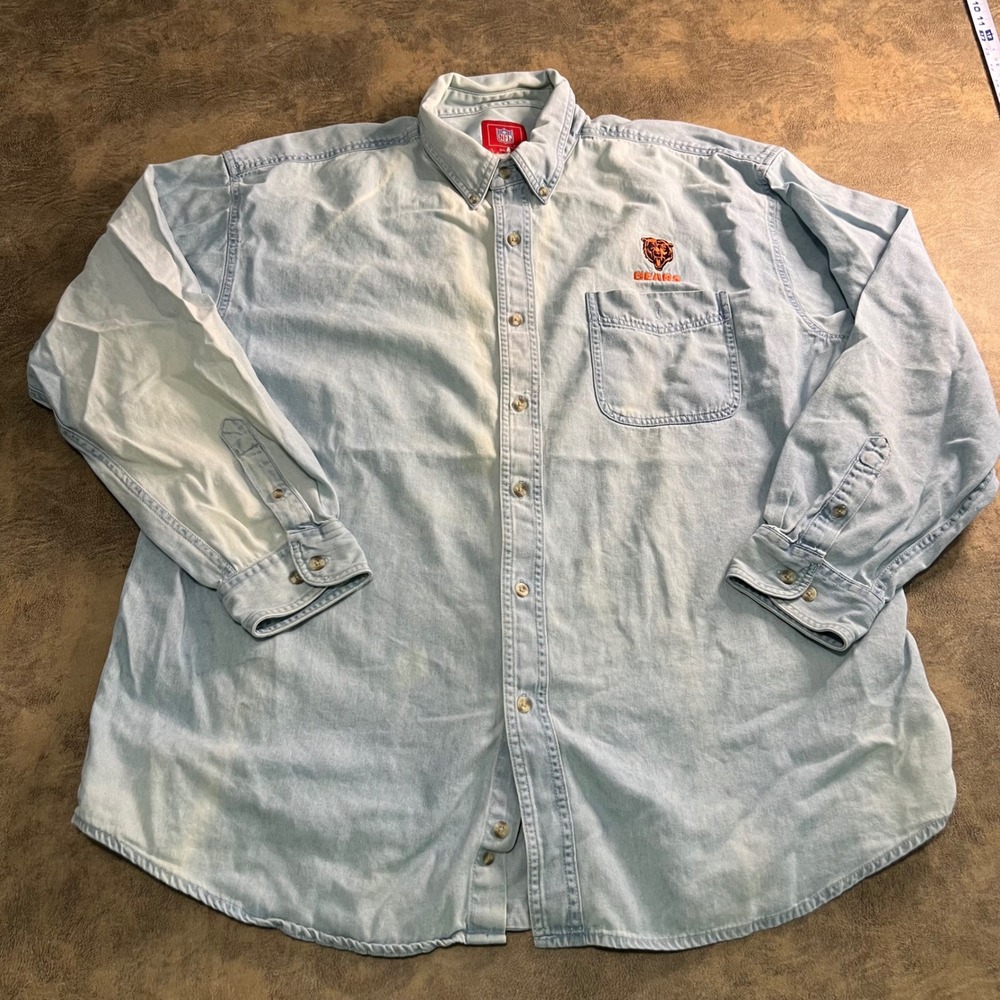 NFL Button Down Shirt Mens 2XL Blue Chicago Bears Denim Long Sleeve Embroidered